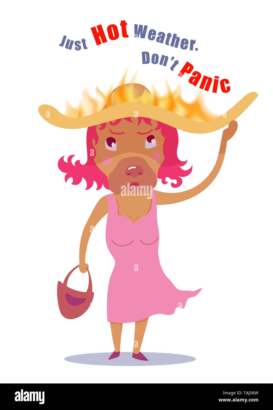 Hipster girl doogie holds a bag and wears a wide hat that is burnt due to heat during the daytime with a message on a white background. vector illustr Stock Vector