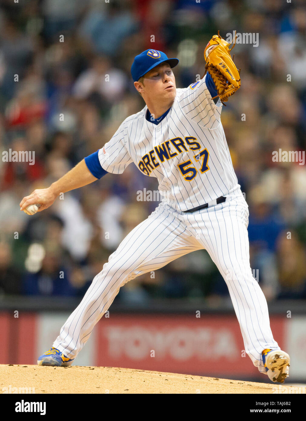 Miller Park, Milwaukee, WI, USA. Milwaukee, WI, USA. Milwaukee, WI, USA. 24th May, 2019. Milwaukee Brewers starting pitcher Chase Anderson #57 during game action in the Major League Baseball game between the Milwaukee Brewers and the Philadelphia Phillies at Miller Park in Milwaukee, WI. John Fisher/CSM/Alamy Live News Stock Photo