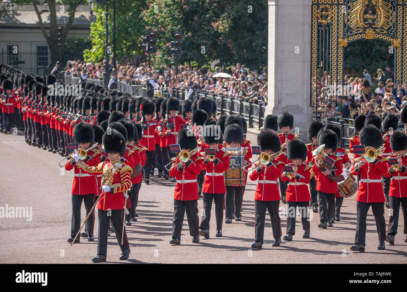 The Mall, London, UK. 25th May 2019. Coldstream Guards leave Wellington Barracks with the Band of the Grenadier Guards, marching to Horse Guards Parade for the Major Generals Review, the penultimate rehearsal for Trooping the Colour. Credit: Malcolm Park/Alamy Live News. Stock Photo