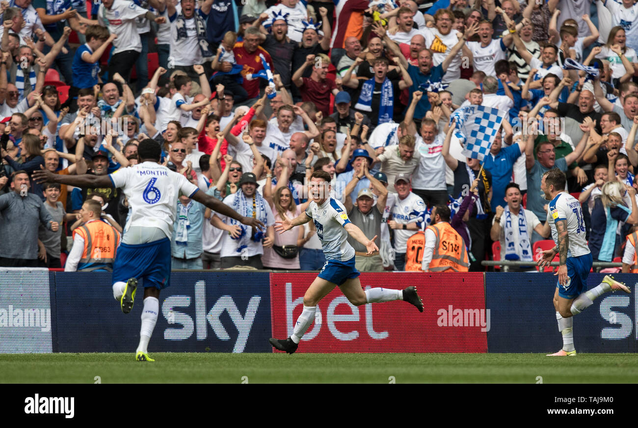 London, UK. 25th May, 2019. Connor Jennings of Tranmere Rovers celebrates scoring the winning goal during the Sky Bet League 2 Play-Off FINAL match between Newport County and Tranmere Rovers at Wembley Stadium, London, England on 25 May 2019. Photo by Andy Rowland. Credit: PRiME Media Images/Alamy Live News Stock Photo