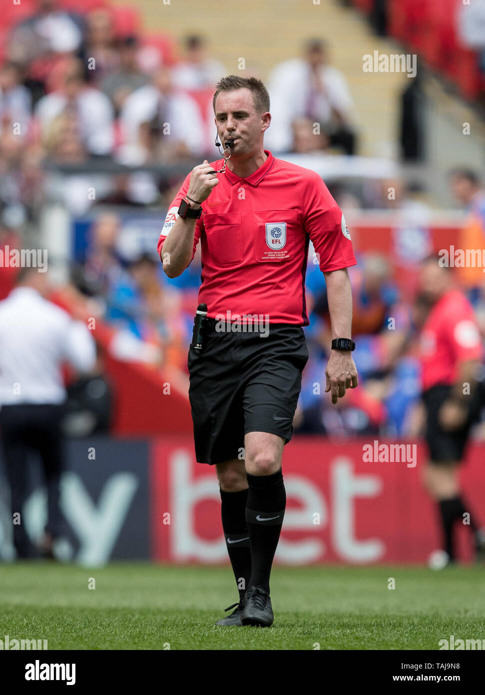 London, UK. 25th May, 2019. Referee Ross Joyce during the Sky Bet League 2 Play-Off FINAL match between Newport County and Tranmere Rovers at Wembley Stadium, London, England on 25 May 2019. Photo by Andy Rowland. Credit: PRiME Media Images/Alamy Live News Stock Photo