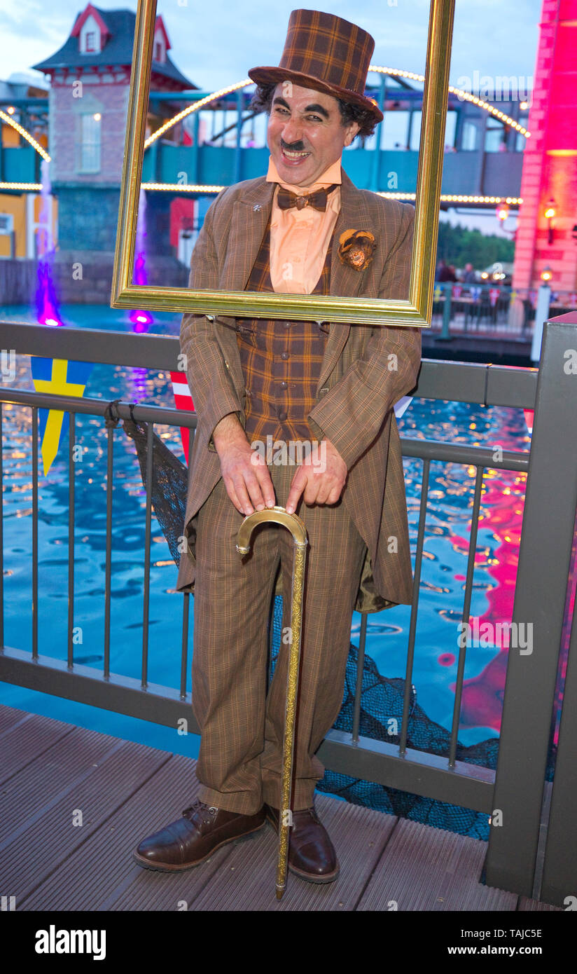 Rust, Germany - May 24, 2019: New Hotel Kronasar opens at Europa-Park with Charly Chaplin Character Albert de Paris. Little Tramp, Charlie, | usage worldwide Stock Photo