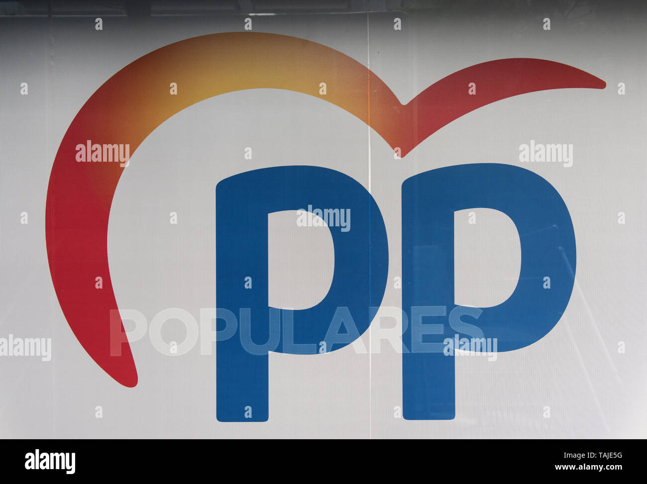 Spanish conservative center-right party, Partido Popular (PP) logo seen at the headquarters ahead of the local, regional and European elections on 26 May 2019. Stock Photo