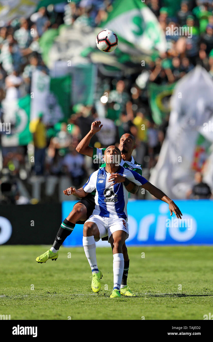 Yacine Brahimi of FC Porto (L) vies for the ball with Bruno Gaspar of Sporting CP (R) during the Cup of Portugal Placard 2018/2019, Final - football match between Sporting CP vs FC Porto. (Final score: Sporting CP 2(5) - 2(4) FC Porto) Stock Photo