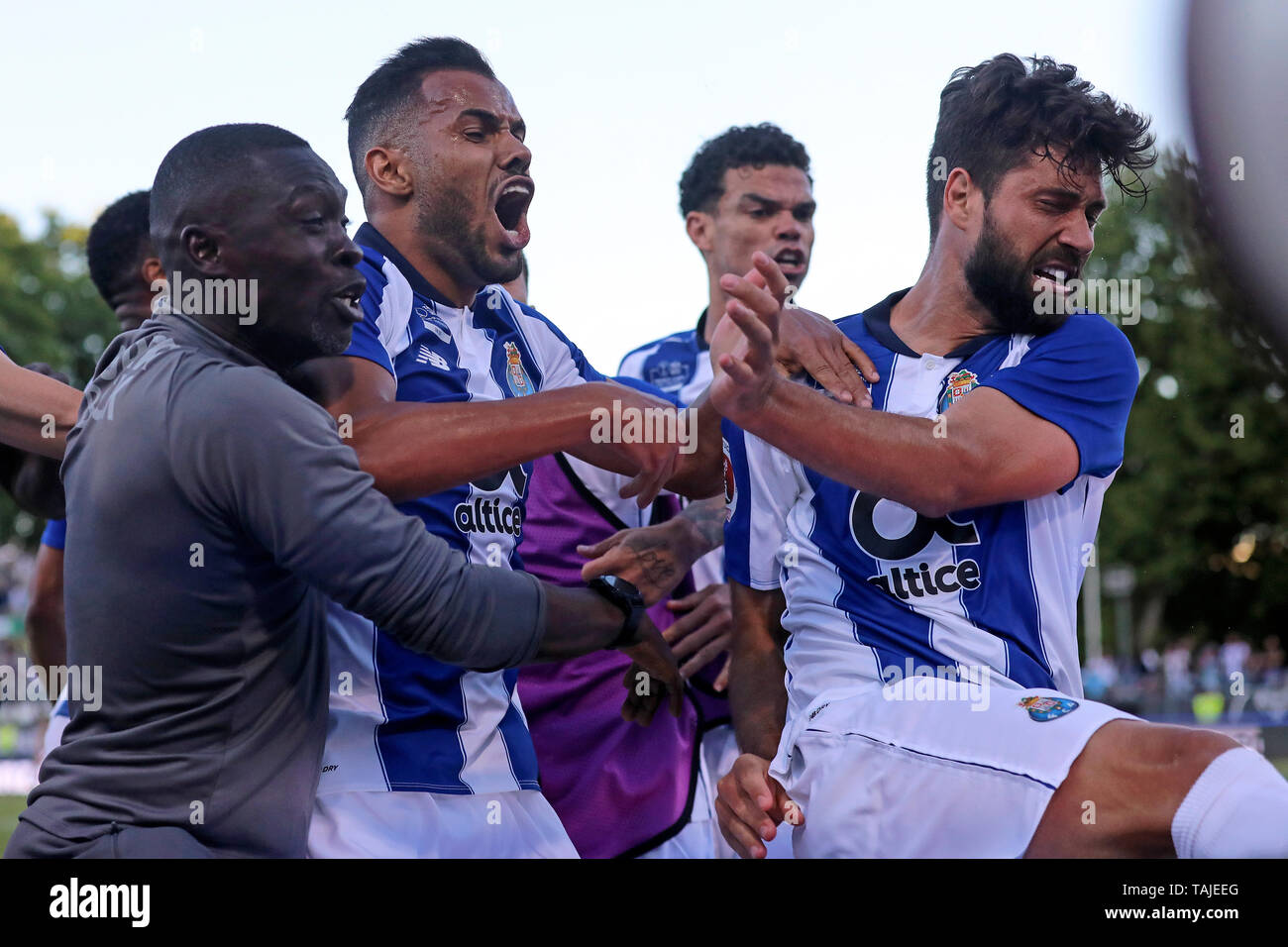 Felipe (Felipe Augusto de Almeida Monteiro) (R) of FC Porto celebrates his goal with Fernando Andrade (2nd L) of FC Porto and the rest of his team during the Cup of Portugal Placard 2018/2019, Final - football match between Sporting CP vs FC Porto. (Final score: Sporting CP 2(5) - 2(4) FC Porto Stock Photo