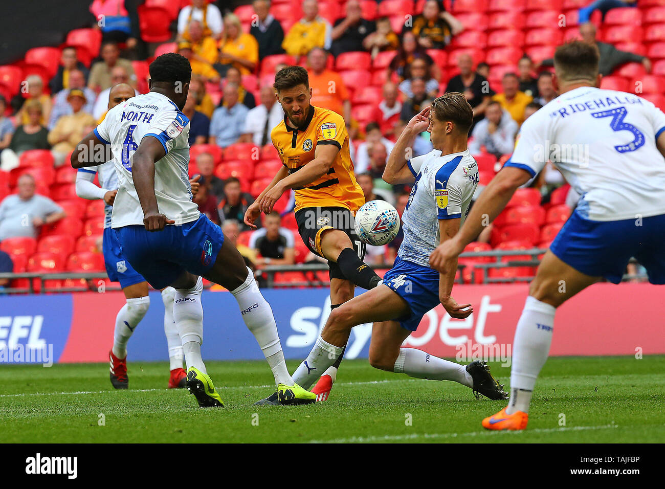Joshua Sheehan of Newport County shoots during the EFL Sky Bet League 2 Play-Off Final match between Newport County and Tranmere Rovers at Wembley Stadium, London, England on 25 May 2019. Photo by Dave Peters.  Editorial use only, license required for commercial use. No use in betting, games or a single club/league/player publications. Stock Photo