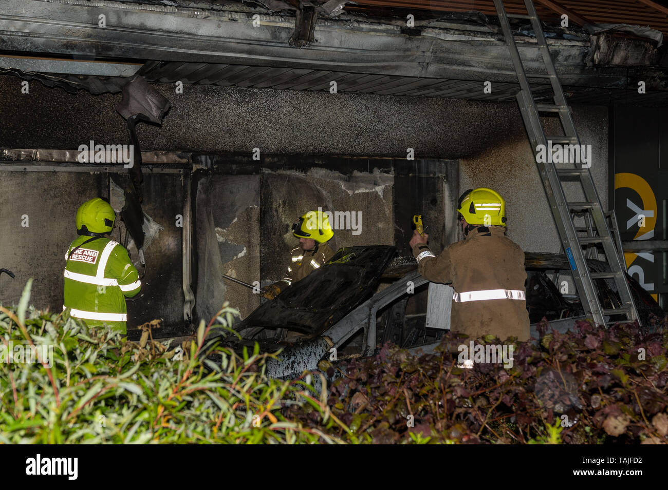 McDonalds Drive Thru, 2 Linkwood Place, Elgin, Moray, UK. 25th May, 2019. IV30 1HZ. On Saturday night a Fiat Car went on fire within the Drive Thru Part of Elgin's McDonald Restaurant. The car was totally destroyed and there was severe damage to the restaurant exterior. Credit: JASPERIMAGE/Alamy Live News Stock Photo