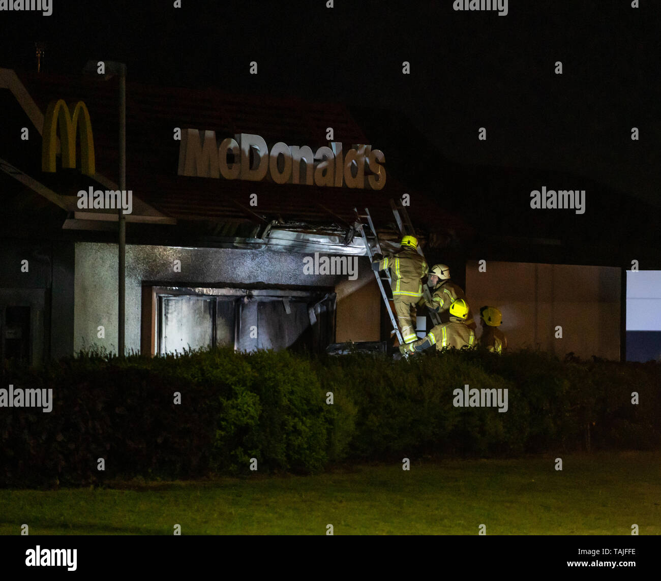 McDonalds Drive Thru, 2 Linkwood Place, Elgin, Moray, UK. 25th May, 2019. IV30 1HZ. On Saturday night a Fiat Car went on fire within the Drive Thru Part of Elgin's McDonald Restaurant. The car was totally destroyed and there was severe damage to the restaurant exterior. Credit: JASPERIMAGE/Alamy Live News Stock Photo