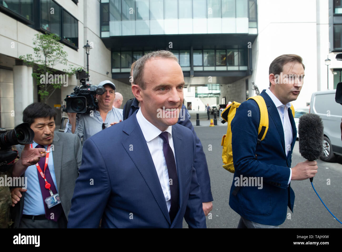 Former Brexit Secretary and Conservative Party Leader contender, Dominic Raab, leaves  the BBC Studios after appearing on 'The Andrew Marr Television Show'. Stock Photo