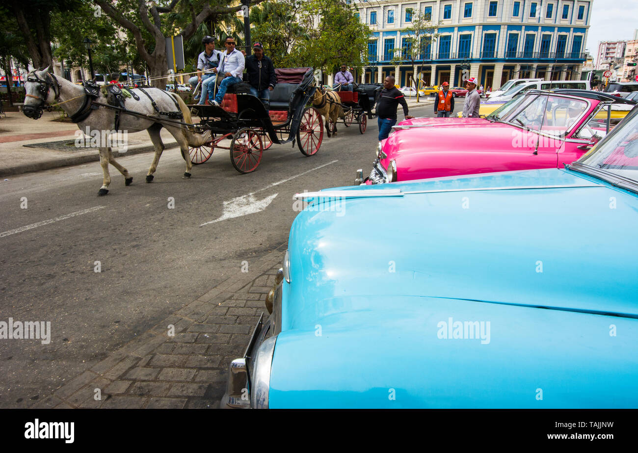 Havana, Cuba - Taxis wait for fares in front of Hotel Parque Central (Central Park). Classic American cars from the 1950s, imported before the U.S. em Stock Photo