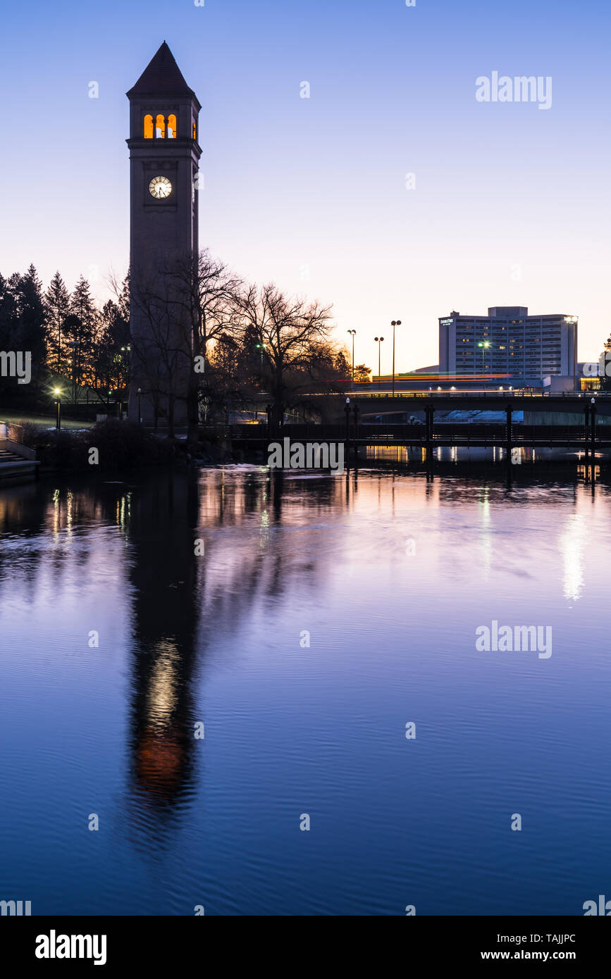 Morning Views of the Spokane River flowing in front of the Spokane Opera House and Convention Center in Riverfront Park Spokane Washington USA Stock Photo