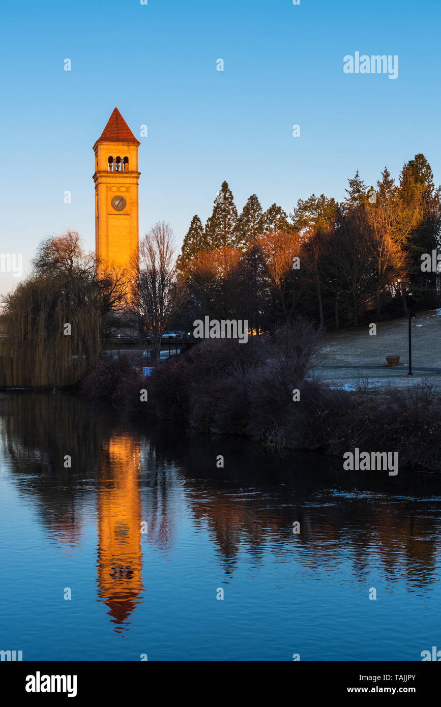 Morning Views of the Spokane River flowing in front of the Spokane Opera House and Convention Center in Riverfront Park Spokane Washington USA Stock Photo