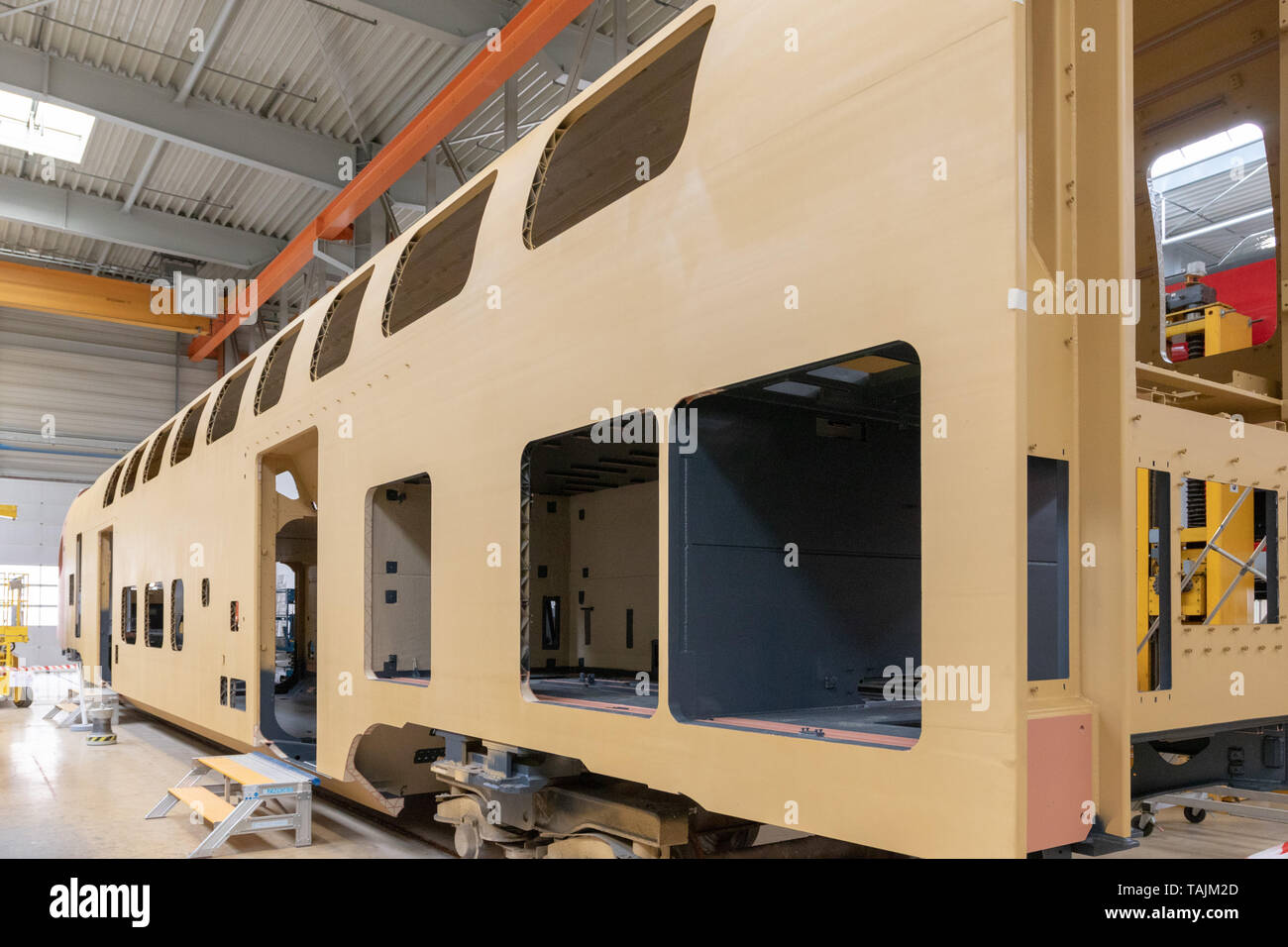 Görlitz, Germany, May 25, 2019 - At the Bombardier plant in Görlitz, new Twindexx double-decker coaches for the Swiss Federal Railways (SBB) are currently under construction. Stock Photo
