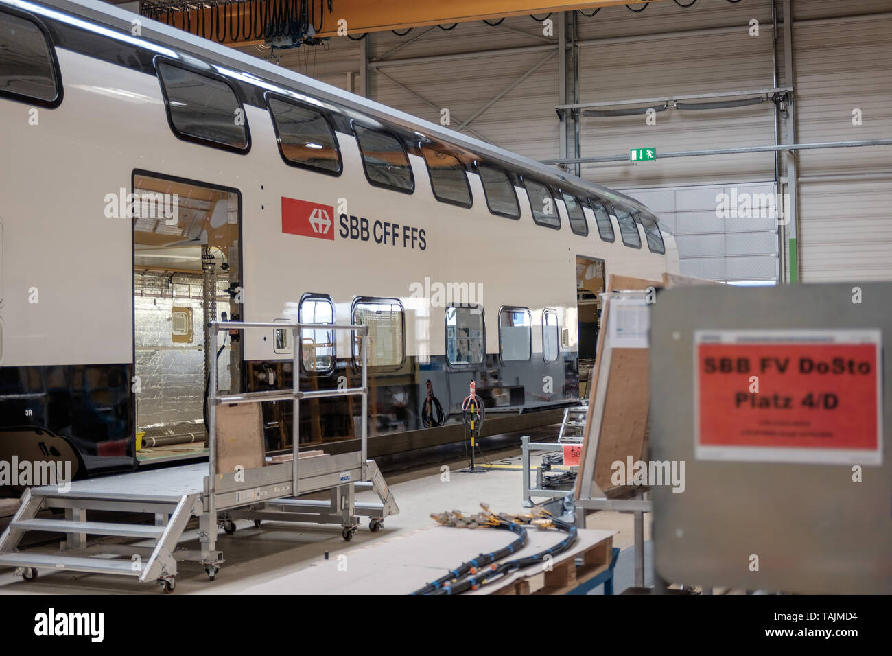 Görlitz, Germany, May 25, 2019 - At the Bombardier plant in Görlitz, new Twindexx double-decker coaches for the Swiss Federal Railways (SBB) are currently under construction. Stock Photo