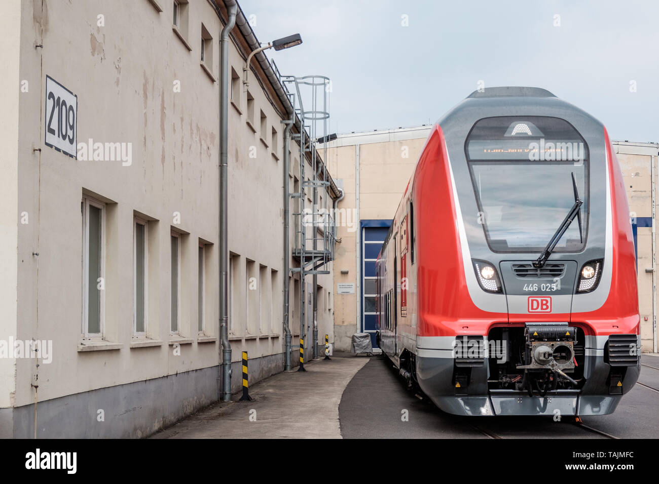 Görlitz, Germany, May 25, 2019 - End wagon of a double-deck railcar of the Twindexx type for Deutsche Bahn in the Bombardier plant in Görlitz. Stock Photo