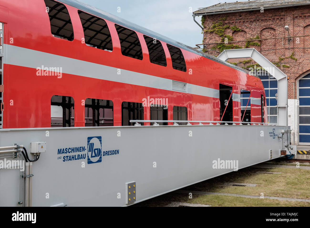 Görlitz, Germany, May 25, 2019 - A car body of a new double-deck car for Israel can be seen on a transfer car at the Bombardier plant in Görlitz. Stock Photo