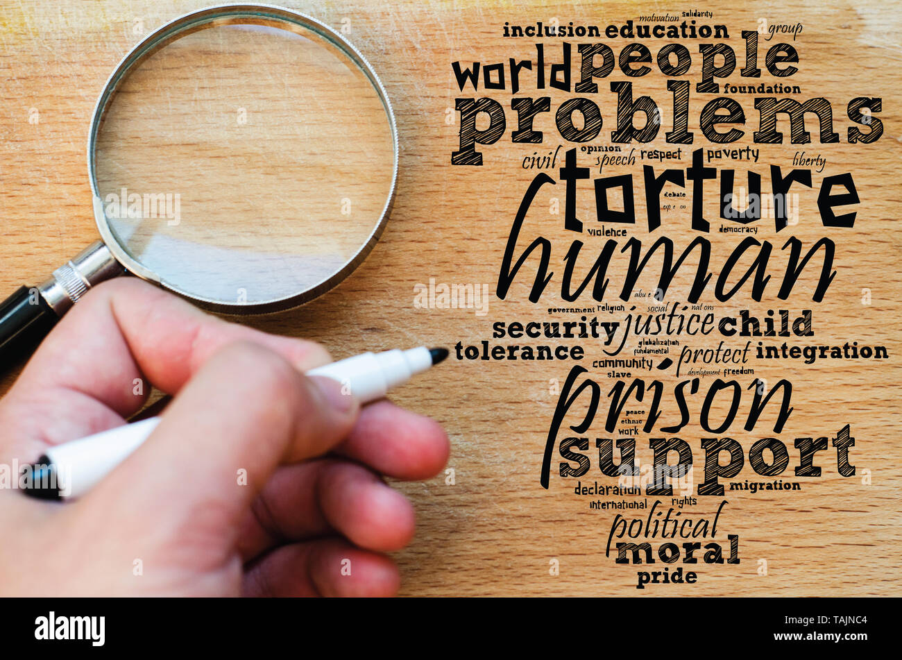 Human word cloud collage over wooden background Stock Photo