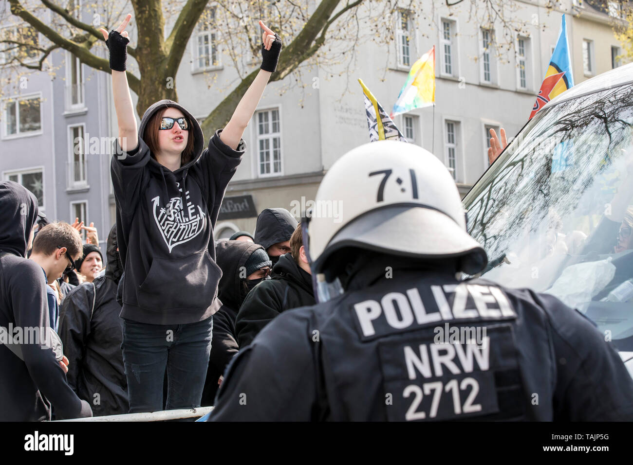 Counter demonstration of ANTIFA in a demonstration of extreme right groups in Dortmund, under the motto Europa Erwache, Germany, Stock Photo