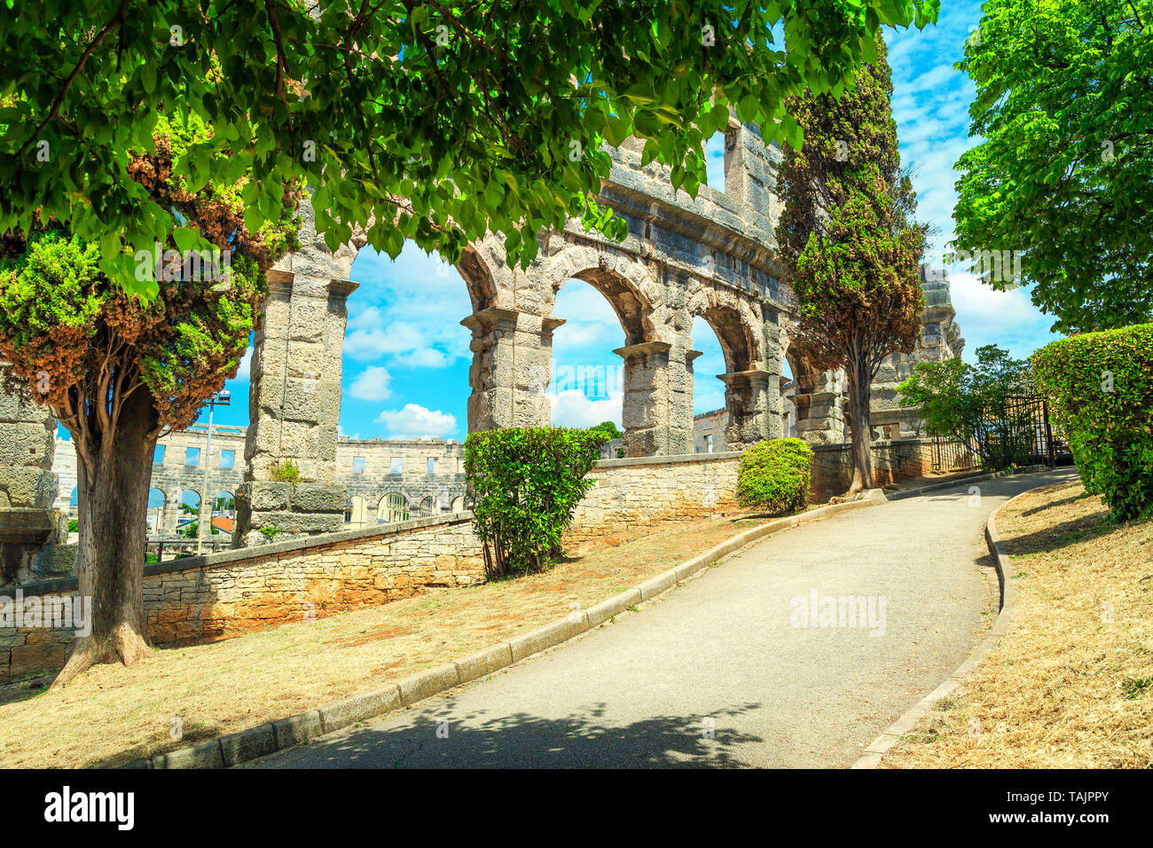 Wonderful travel and touristic location, famous landmark with Roman amphitheatre (Arena) in Pula town, Istria peninsula, Croatia, Europe Stock Photo