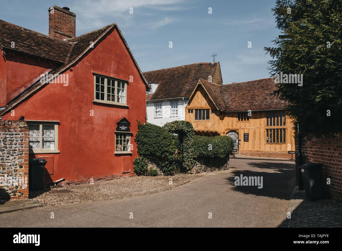 Lavenham, UK April 19, 2019 Colourful cottages in Lavenham, a