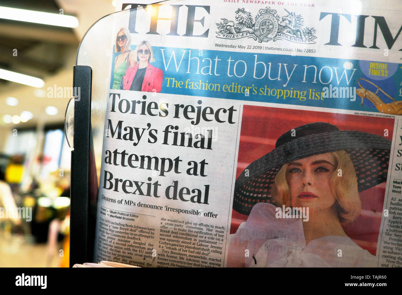 'Tories reject May's final attempt at Brexit deal' PM Theresa May Brexit withdrawal agreement failure on front page newspaper headline in The Times newspapers London England Britain UK GB Great Britain Europe EU Stock Photo