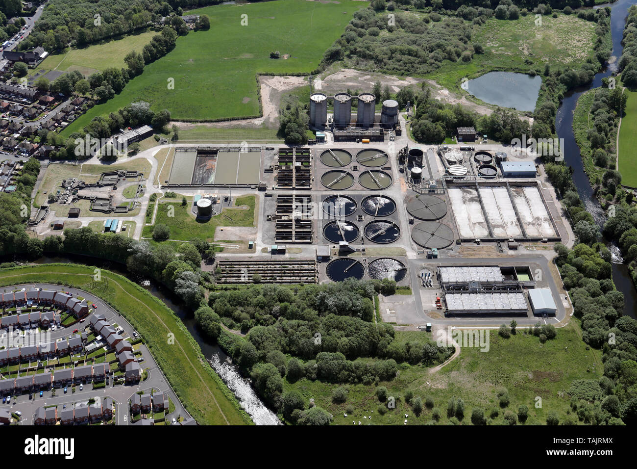 aerial view of Rochdale waste water treatment works, Great Manchester Stock Photo