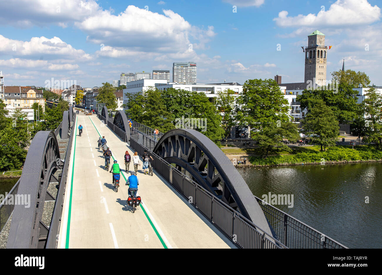 Radschnellweg RS1, a cycle highway,  in Mülheim an der Ruhr, Germany, on a former railway bridge across the Ruhr, the whole route will be over 100 KM  Stock Photo
