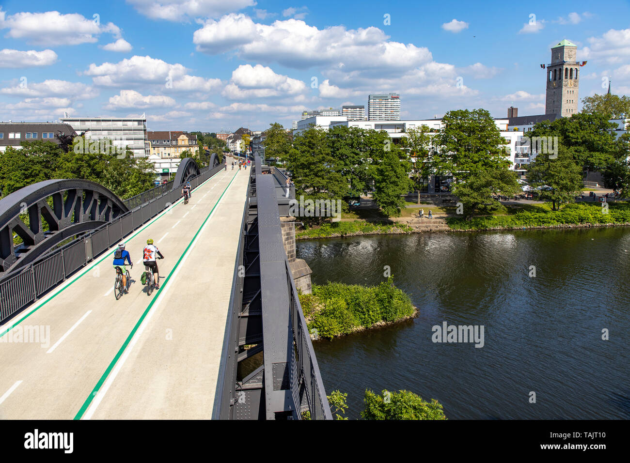 Radschnellweg RS1, a cycle highway,  in Mülheim an der Ruhr, Germany, on a former railway bridge across the Ruhr, the whole route will be over 100 KM  Stock Photo