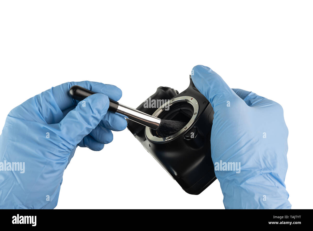 professional cleaning of a camera housing with a bellows and hand