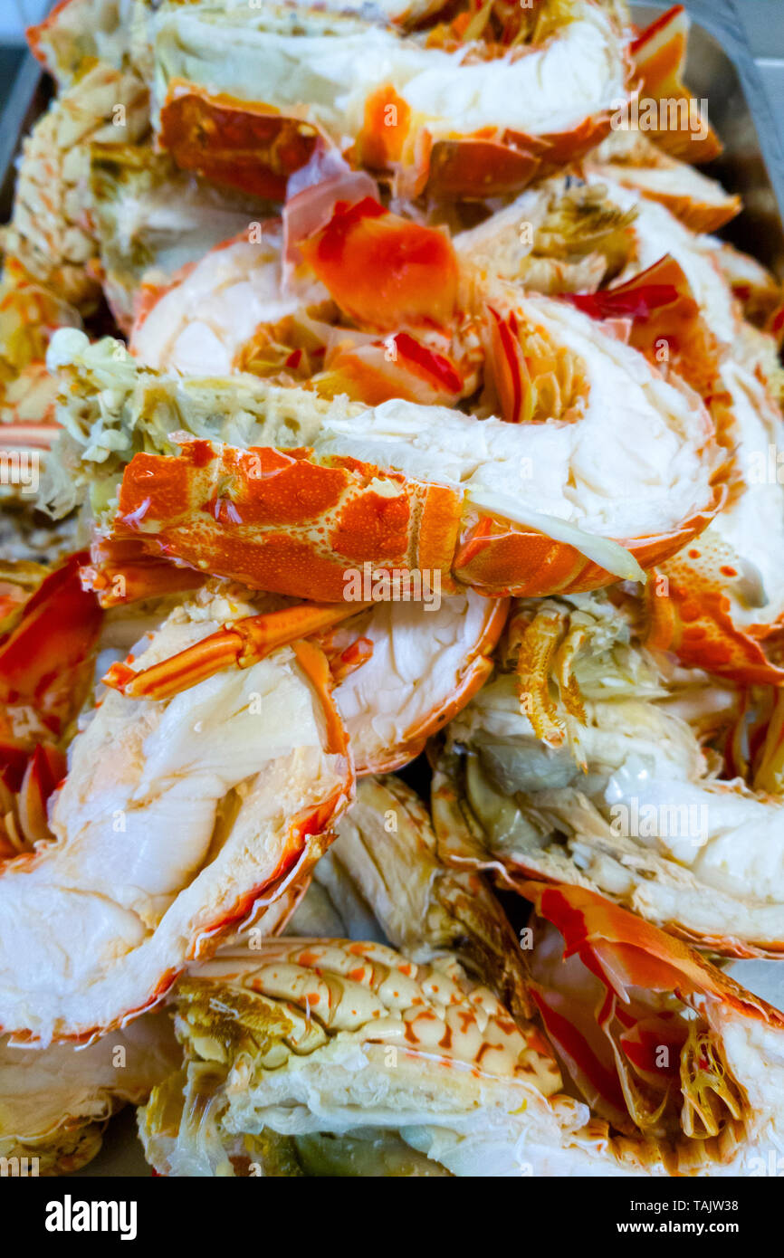 Lobster tails grouped in a tray Stock Photo