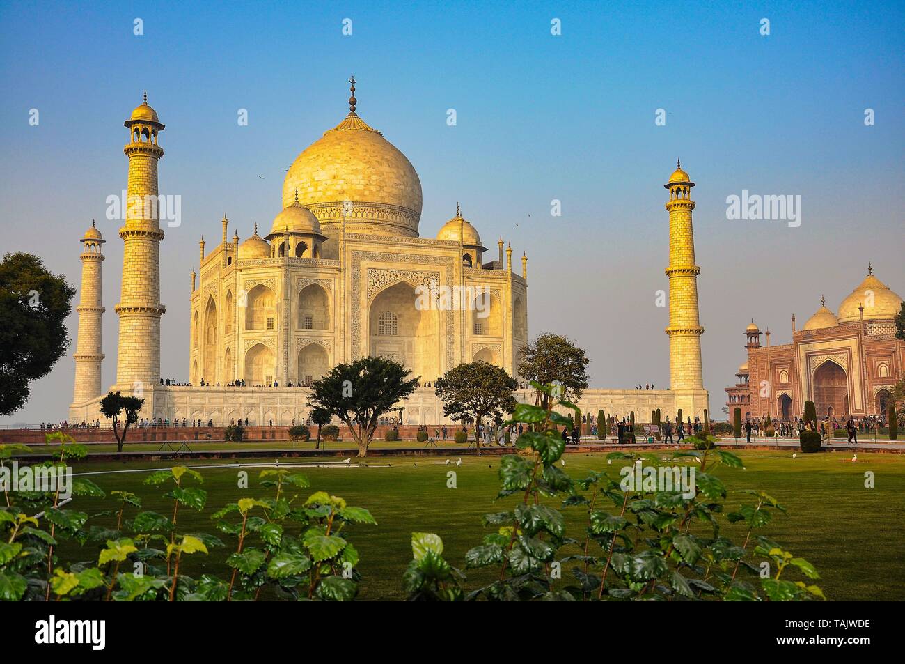 Taj Mahal is a white marble mausoleum on the bank of the Yamuna river ...