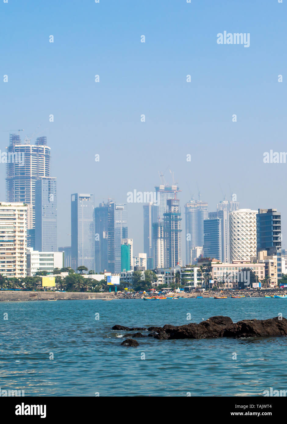 Bombay city landscape from Haji Ali Dargah Bay. Tall buildings of Bombay as seen from Arabian see Stock Photo