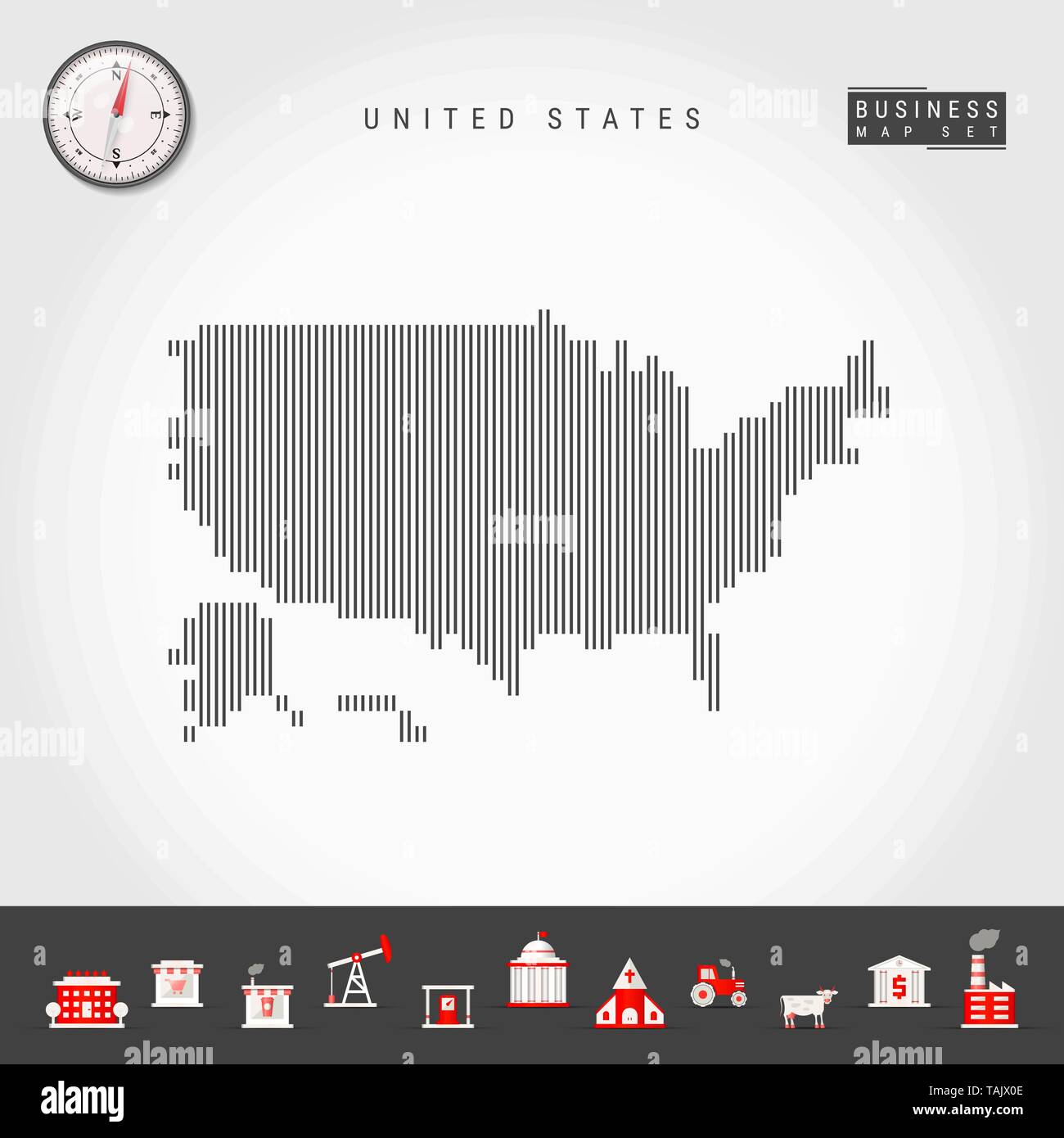 Vector Vertical Lines Map of the United States. Striped Silhouette of USA. Realistic Compass. Business Icons Stock Vector