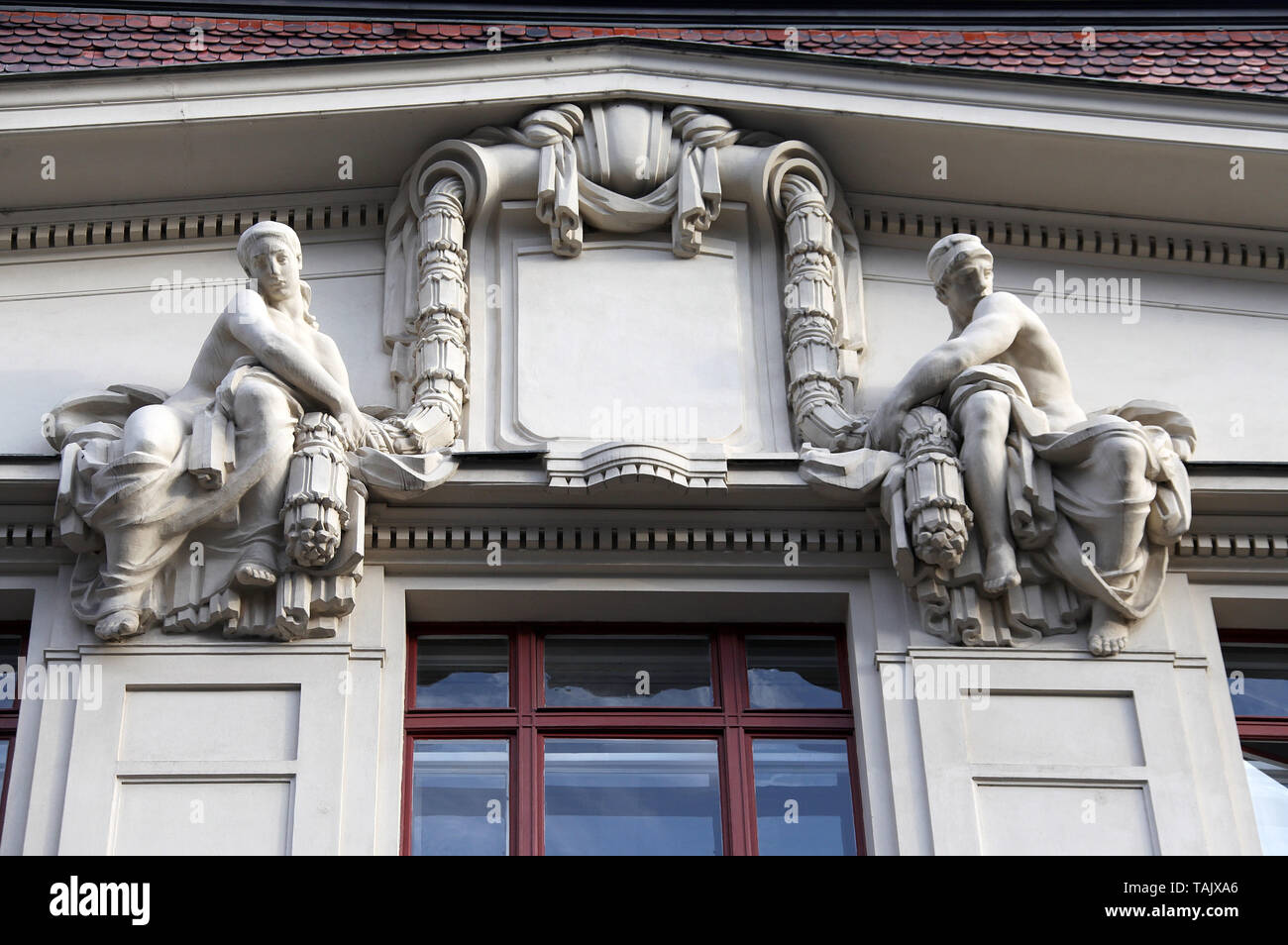 Art nouveau architectural detail of Prague New City Hall in Virgin Mary Square Stock Photo