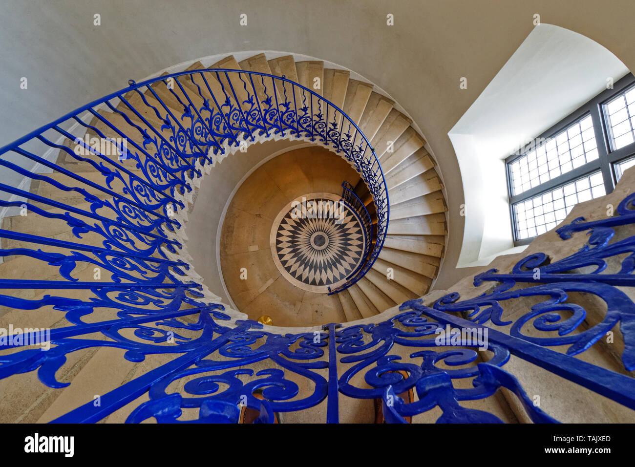 LONDON GREENWICH TULIP STAIRCASE IN THE QUEENS HOUSE LOOKING DOWNWARDS Stock Photo