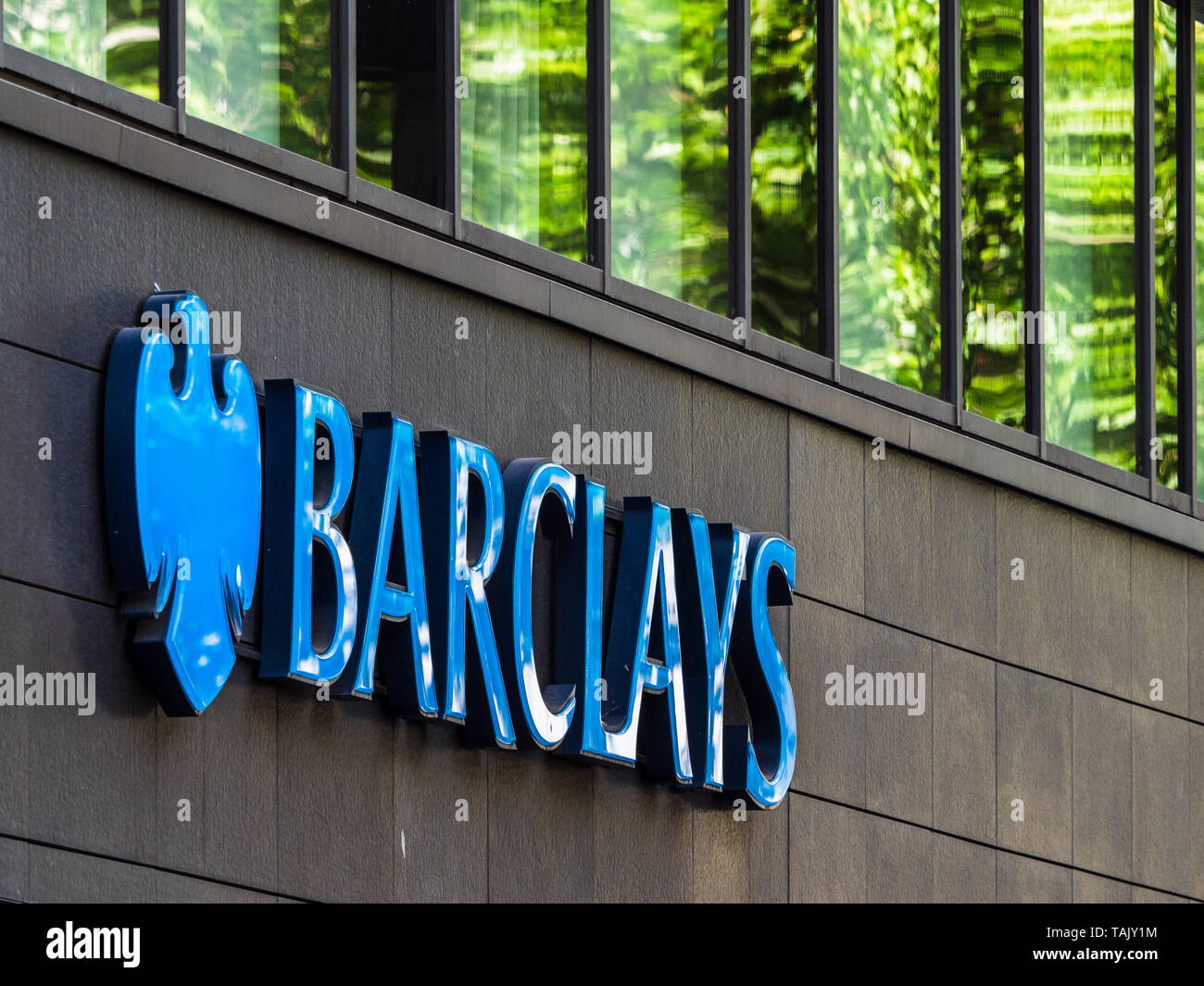 Barclays Bank Branch sign - Sign outside the Barclays Bank London Branch at 25 Charing Cross Road Stock Photo