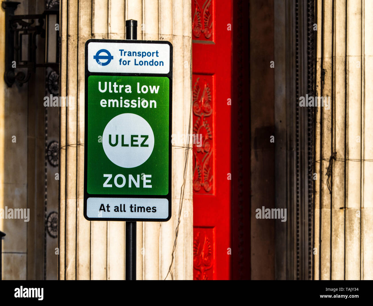 ULEZ Ultra Low Emission Zone Sign London - Signs for the new Ultra Low Emission Zone in central London implemented by Transport for London TFL in 2019 Stock Photo