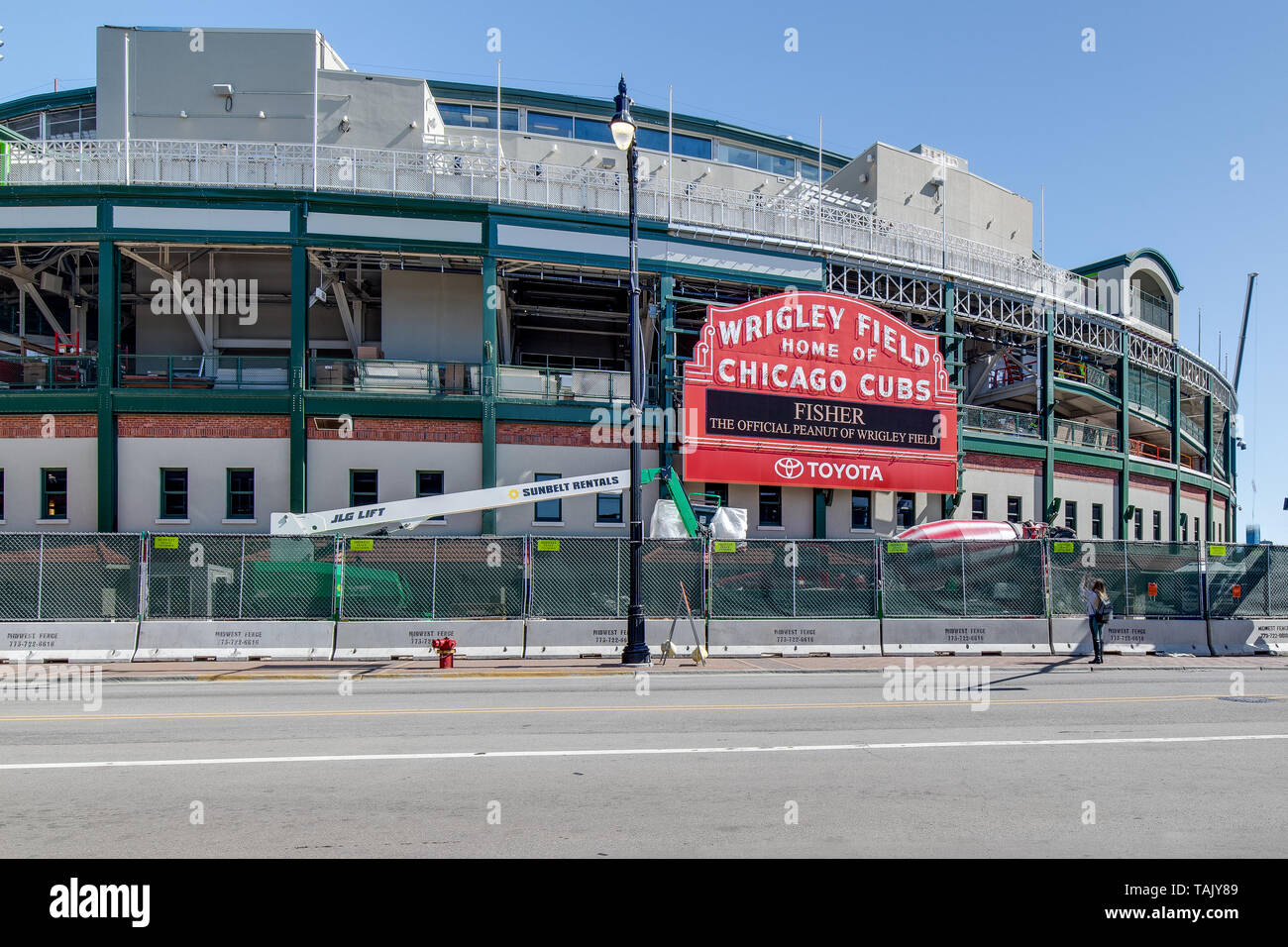 Major League Baseball's Chicago Cubs' Wrigley Field stadium under construction before the baseball season kicks off. Stock Photo