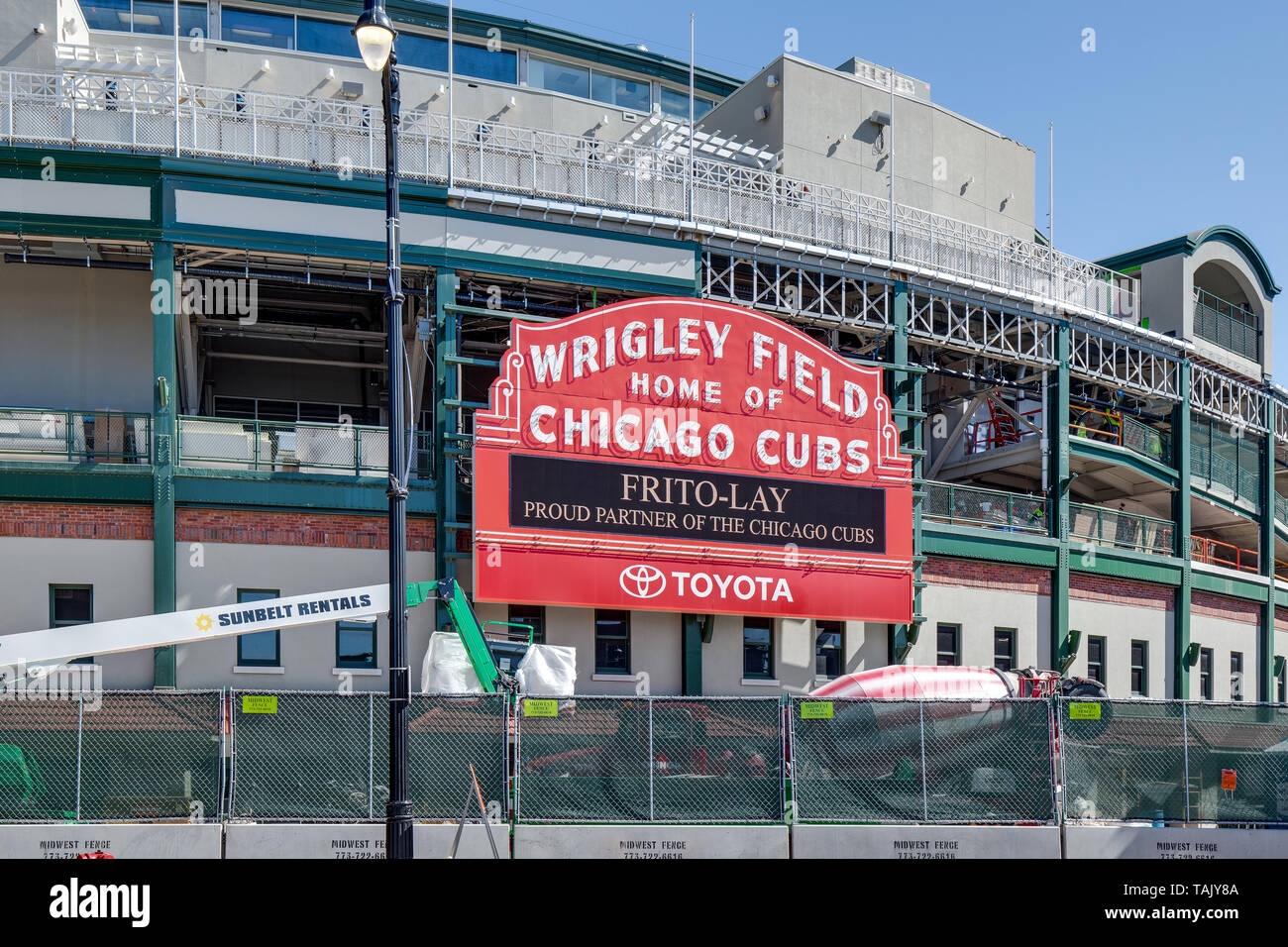 Major League Baseball's Chicago Cubs' Wrigley Field stadium under construction before the baseball season kicks off. Stock Photo
