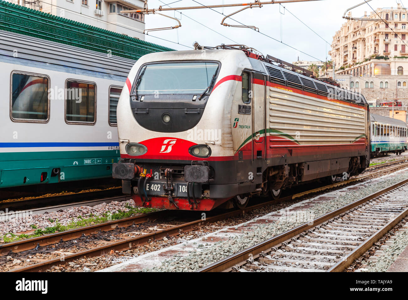 Genova, Italy - January 19, 2018: Electric locomotive by Trenitalia which is the primary train operator in Italy Stock Photo