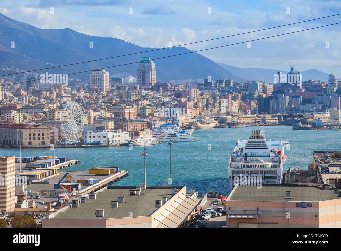 Genova, Italy - January 18, 2018: Genova port view with moored ships Stock Photo