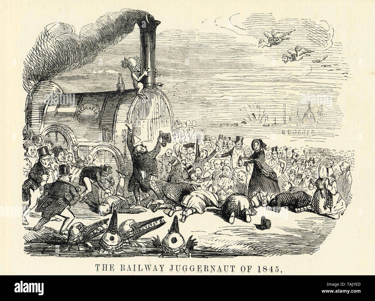 RAILWAY JUGGERNAUT 1845. Cartoon showing the chaos caused by an unregulated railway system in Britian Stock Photo