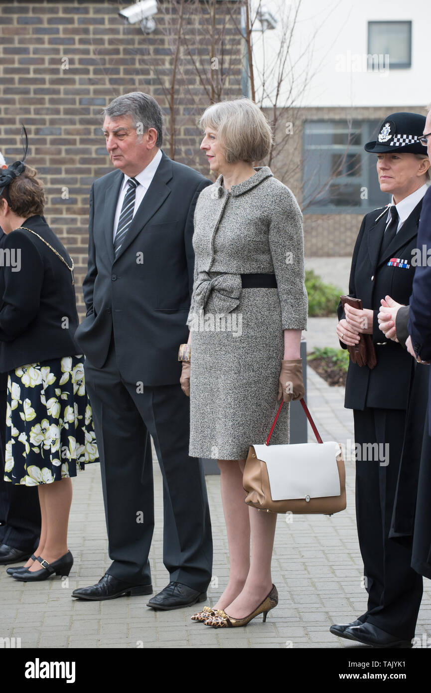 Holyport College, Holyport, Berkshire, UK. 28th November, 2014. Her Majesty the Queen, accompanied by his Royal Highness the Duke of Edinburgh, visit Holyport College. Maidenhead MP The Rt Hon Theresa May together with local dignitaries were there to welcome the Royal Party. Credit: Maureen McLean/Alamy Stock Photo