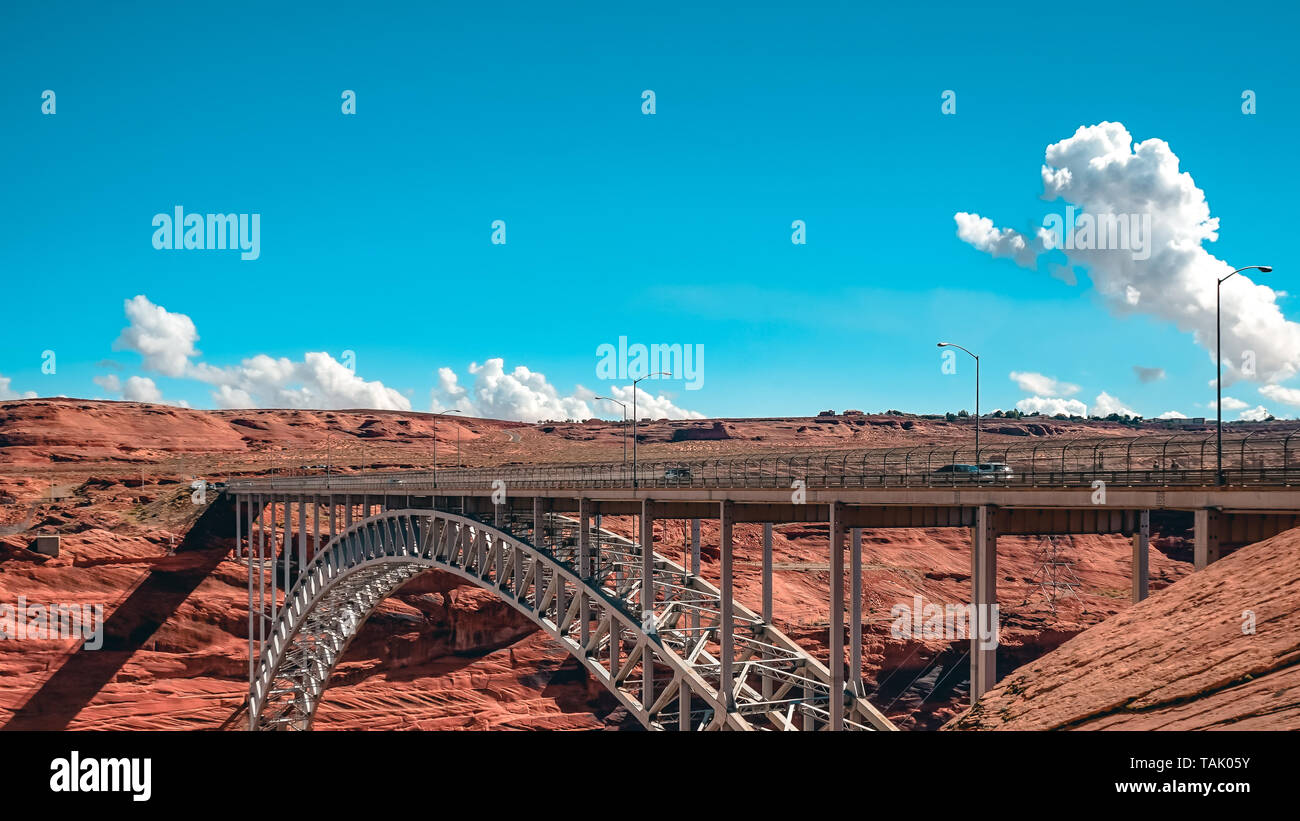 Glen Canyon Dam Bridge. steel arch bridge in Coconino County, Arizona Stock Photo
