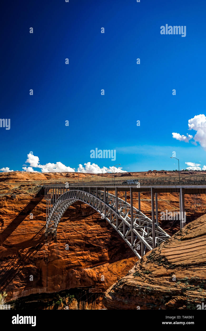 Glen Canyon Dam Bridge. steel arch bridge in Coconino County, Arizona Stock Photo
