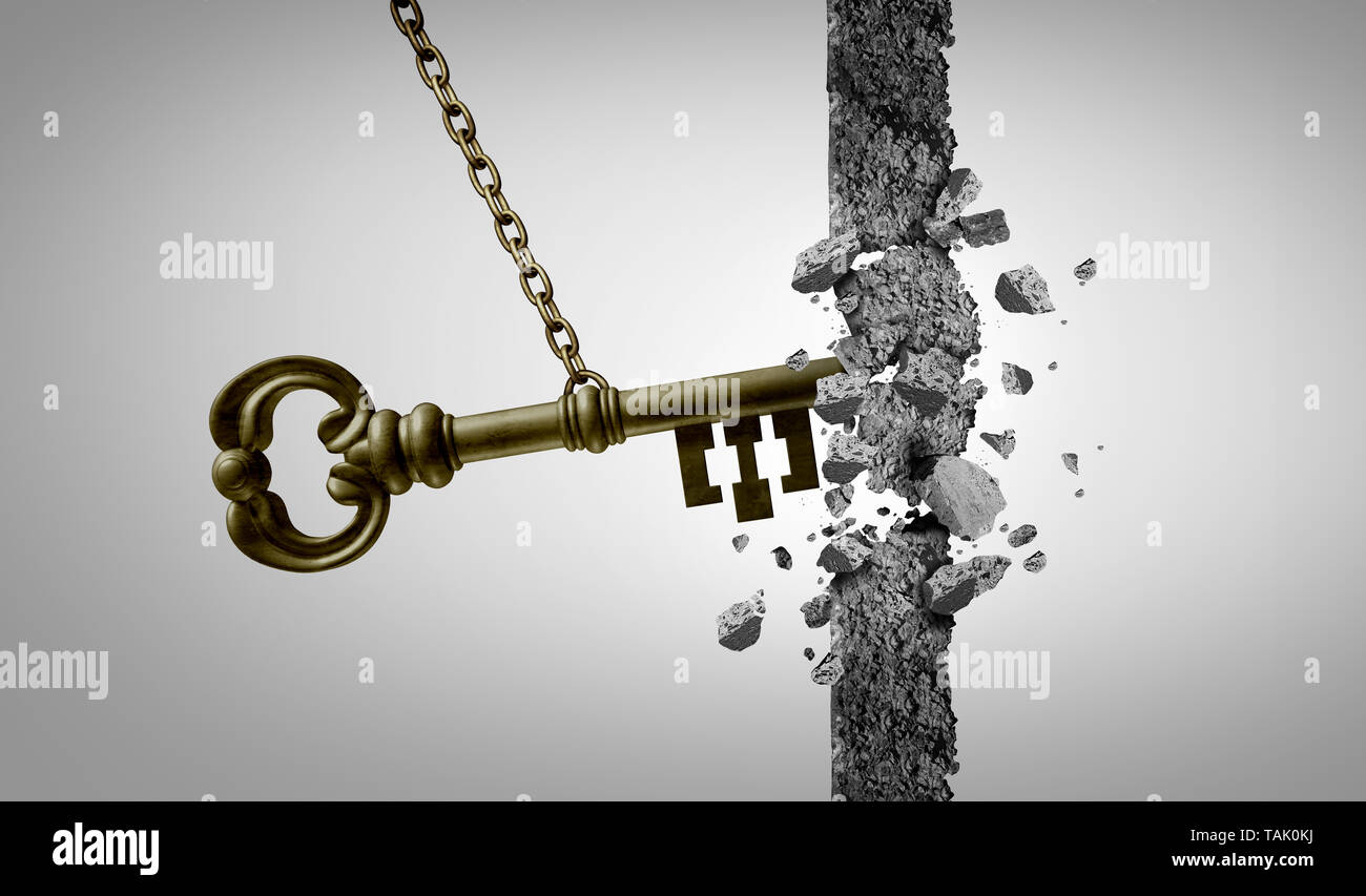 Unlock key business success concept and keyhole metaphor for unlocking opportunity with 3D illustration elements. Stock Photo