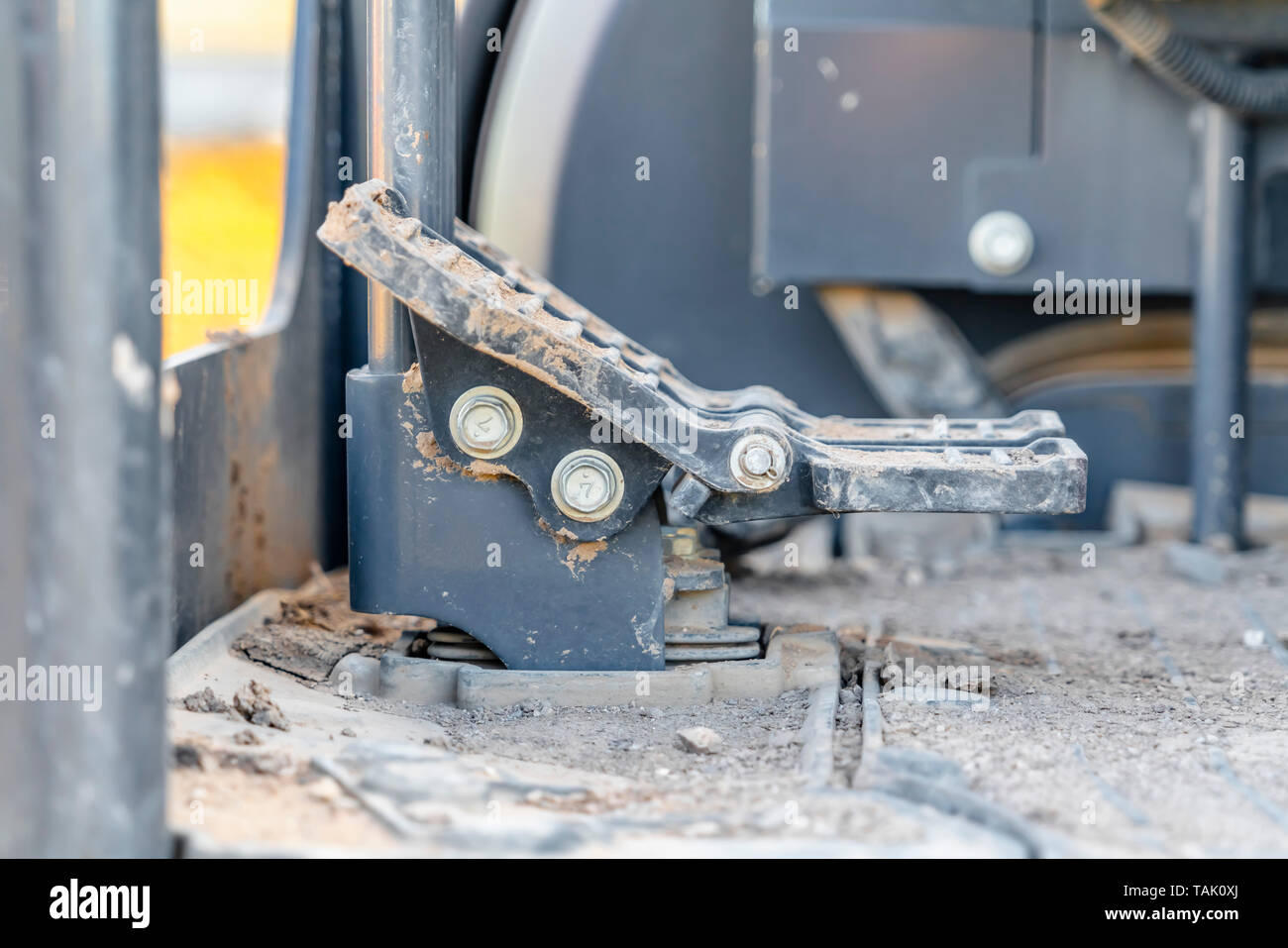 Foot controls and floor of a construction machinery covered in dirt
