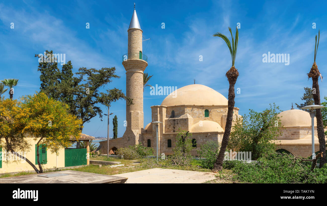 Hala sultan Tekke Muslim shrine mosque located near the salt lake of Larnaca. Cyprus Stock Photo