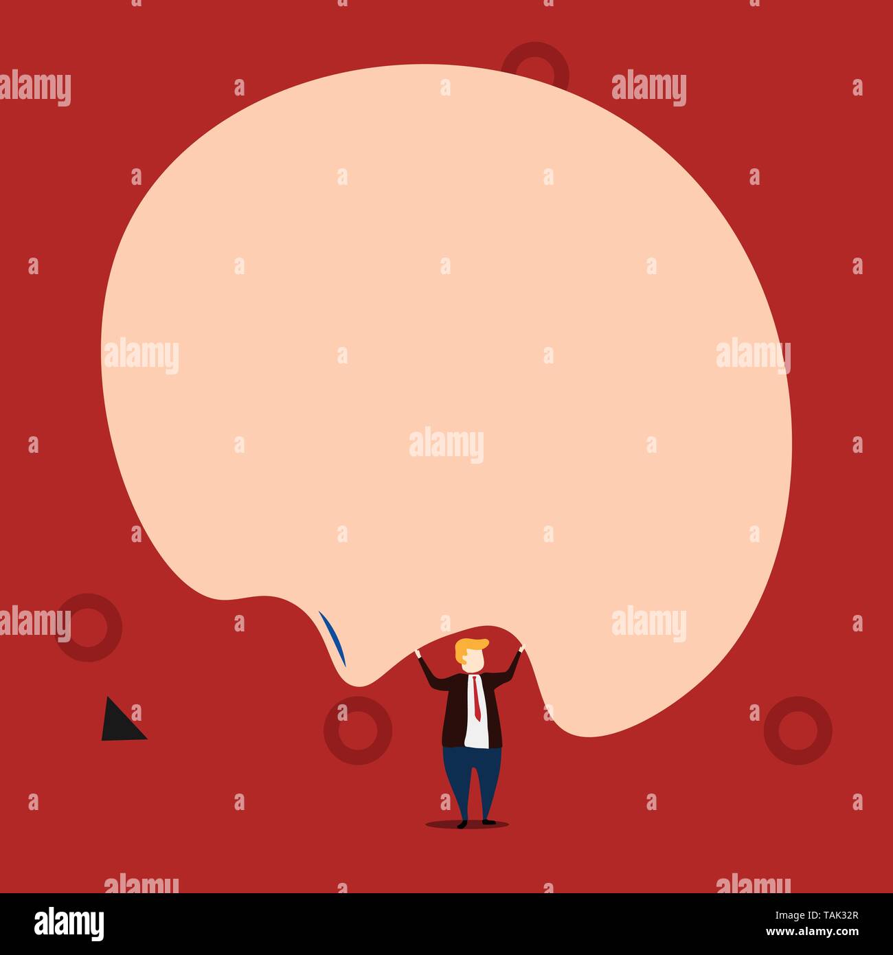 Front view standing man dressed suit tie two hands up big deflated balloon Stock Vector