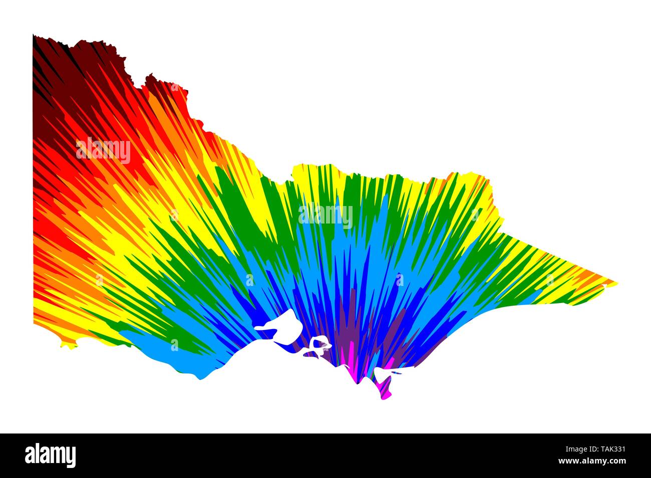 Victoria (Australian states and territories, Vic) map is designed rainbow abstract colorful pattern, Victoria (Australia) map made of color explosion, Stock Vector